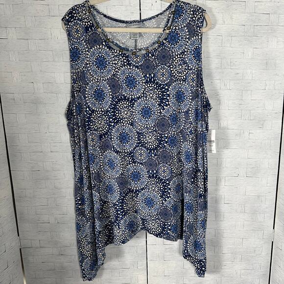 Catherine’s women’s tank top asymmetrical beaded collar blues white plus size - Picture 1 of 10